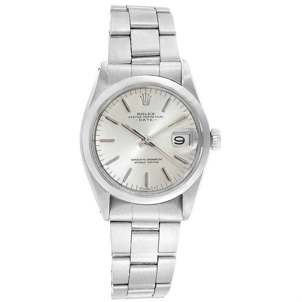 The image shows a front view of a Rolex Vintage Collection 1500 Men's Stainless Steel Silver Dial 1500 Men's Stainless Steel Silver Dial Oyster Perpetual Date watch, featuring a metal bracelet, dial, and crown.