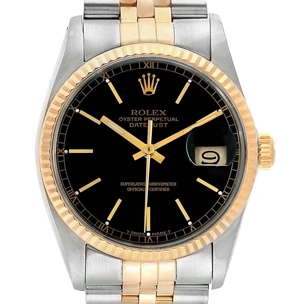 The image shows a front view of a Rolex Vintage Collection 16013 Men
s Stainless Steel Black Dial 16013 Men
s Stainless Steel Black Dial model watch featuring a black dial, gold fluted bezel, and two-tone metal bracelet.