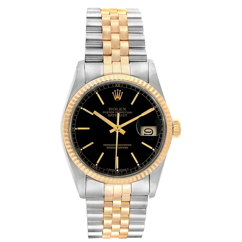 The image shows a frontal view of the Rolex Vintage Collection 16013 Men
s Stainless Steel Black Dial 16013 Men
s Stainless Steel Black Dial watch, highlighting its black dial, two-tone bezel, and bracelet.