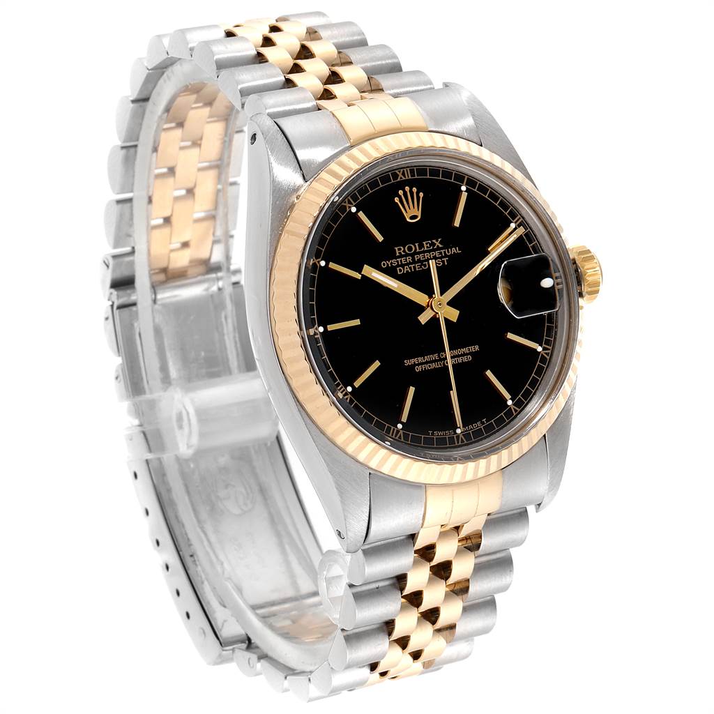 The image shows a Rolex Vintage Collection 16013 Men
s Stainless Steel Black Dial 16013 Men
s Stainless Steel Black Dial model from an oblique angle, highlighting the black dial, gold bezel, and two-tone bracelet.