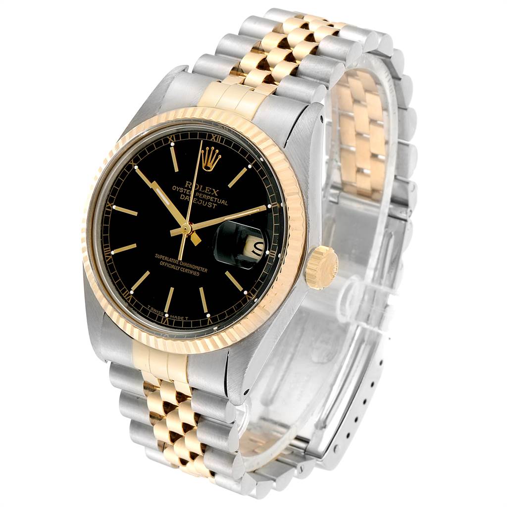 The photo shows a Rolex Vintage Collection 16013 Men
s Stainless Steel Black Dial 16013 Men
s Stainless Steel Black Dial watch at a three-quarter angle, featuring the dial, bezel, case, and part of the bracelet.