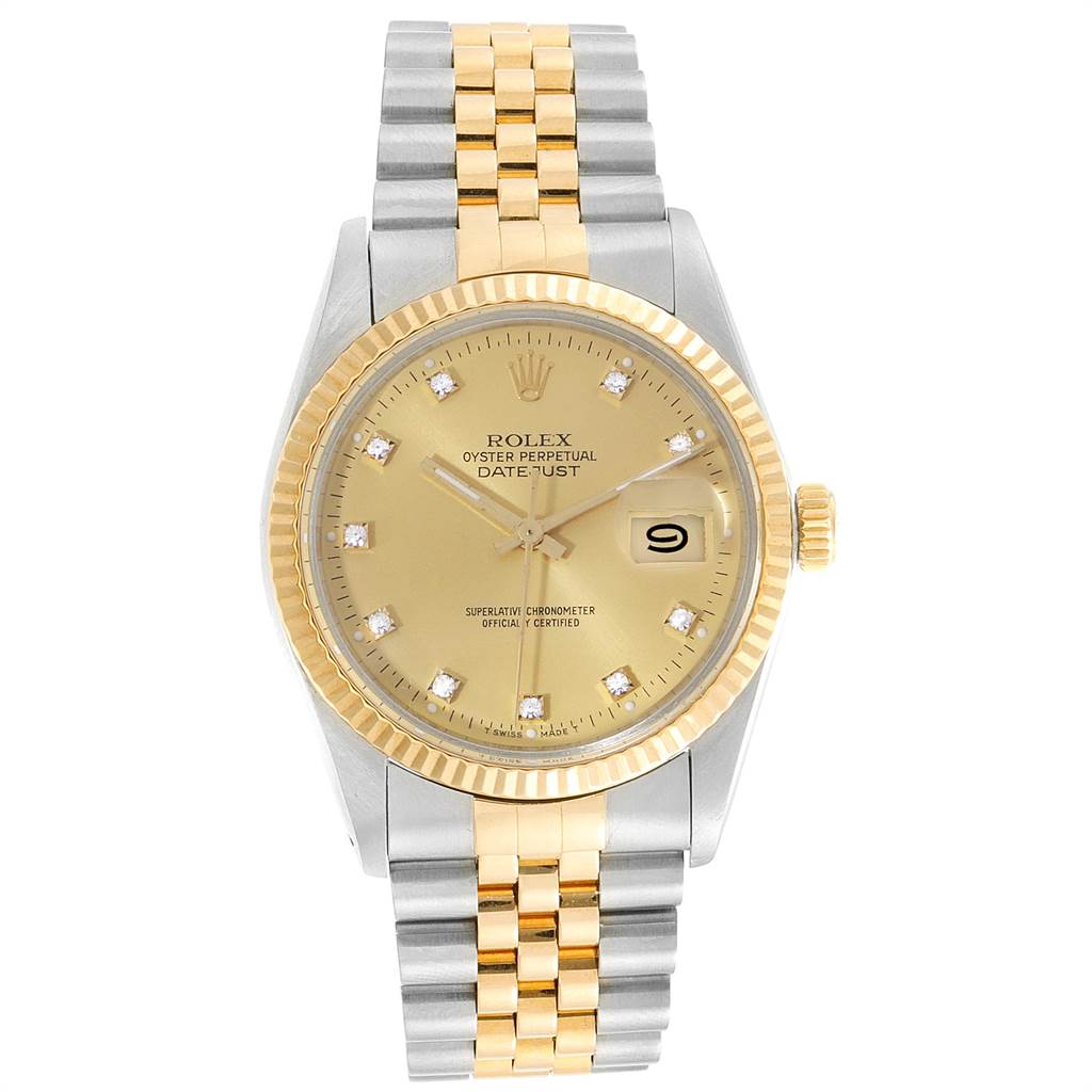 The image shows a front view of the Rolex Vintage Collection 16013 Men's Stainless Steel Champagne Dial 16013 Men's Stainless Steel Champagne Dial Oyster Perpetual Datejust with a two-tone gold and silver bracelet.