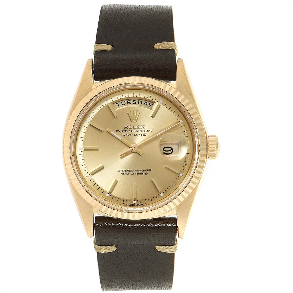 This Rolex Vintage Collection 1803 Men's Yellow Gold Champagne Dial 1803 Men's Yellow Gold Champagne Dial watch is shown from a front angle, displaying the dial, bezel, crown, and leather strap.