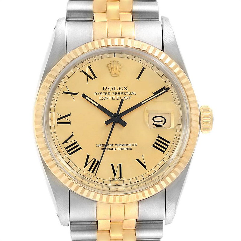 Rolex Datejust Steel Yellow Gold Buckley Dial Mens Watch 16013 Box Papers SwissWatchExpo