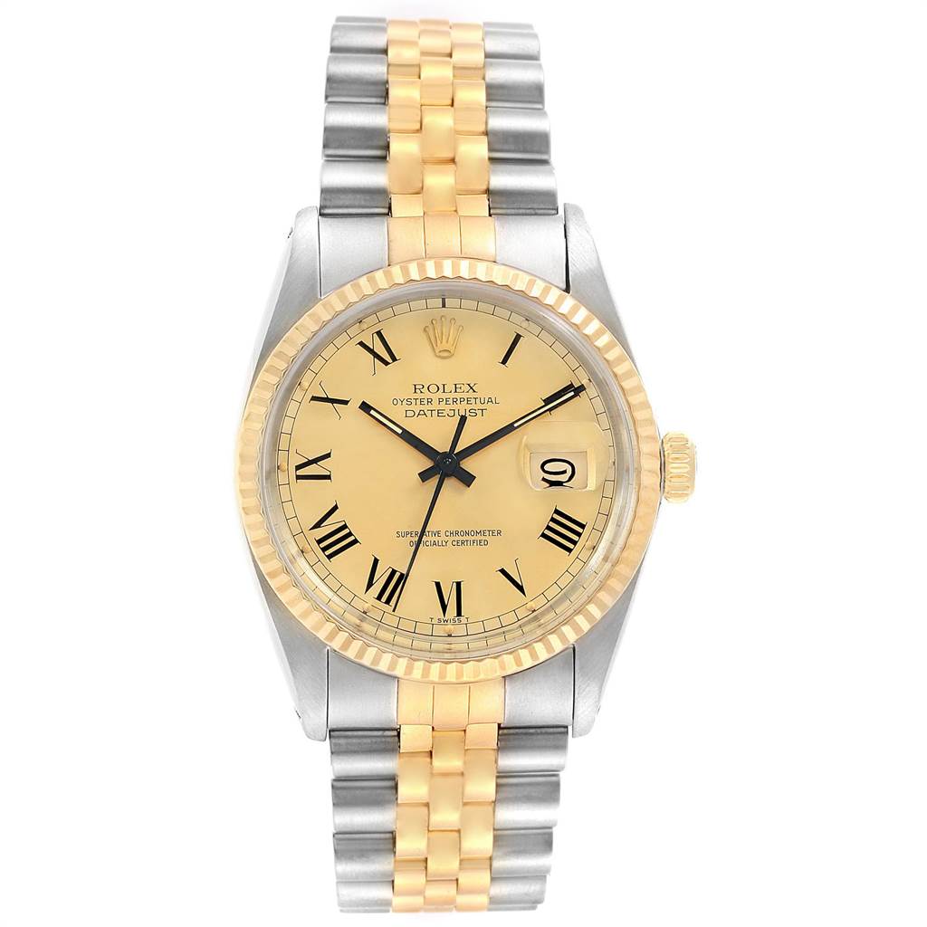This image shows a Rolex Vintage Collection 16013 Men's Stainless Steel Champagne Dial 16013 Men's Stainless Steel Champagne Dial Datejust watch, including its two-tone bracelet, dial, hands, and date display.