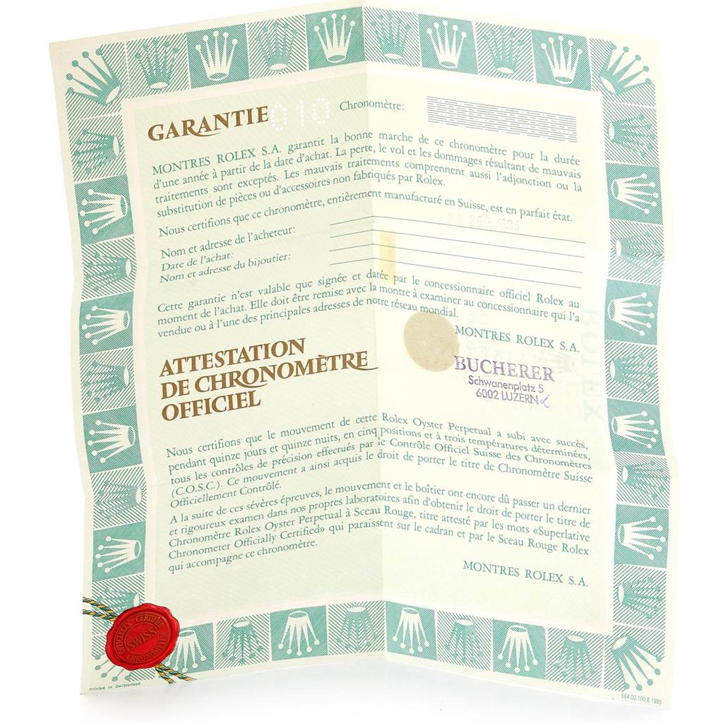 The image shows the warranty and official chronometer certificate for the Rolex Vintage Collection 16013 Men's Stainless Steel Champagne Dial 16013 Men's Stainless Steel Champagne Dial model.