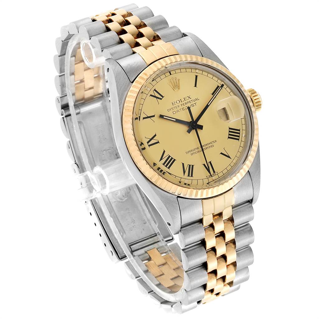 This image shows a Rolex Vintage Collection 16013 Men's Stainless Steel Champagne Dial 16013 Men's Stainless Steel Champagne Dial watch at a three-quarter angle, highlighting the face, bezel, crown, and two-tone bracelet.