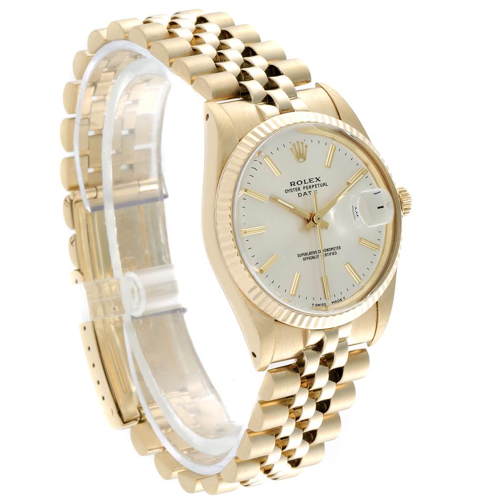 The image shows a Rolex Vintage Collection 1503 Men
s Yellow Gold Silver Dial 1503 Men
s Yellow Gold Silver Dial watch at an angle showcasing the dial, bezel, case, crown, and bracelet.