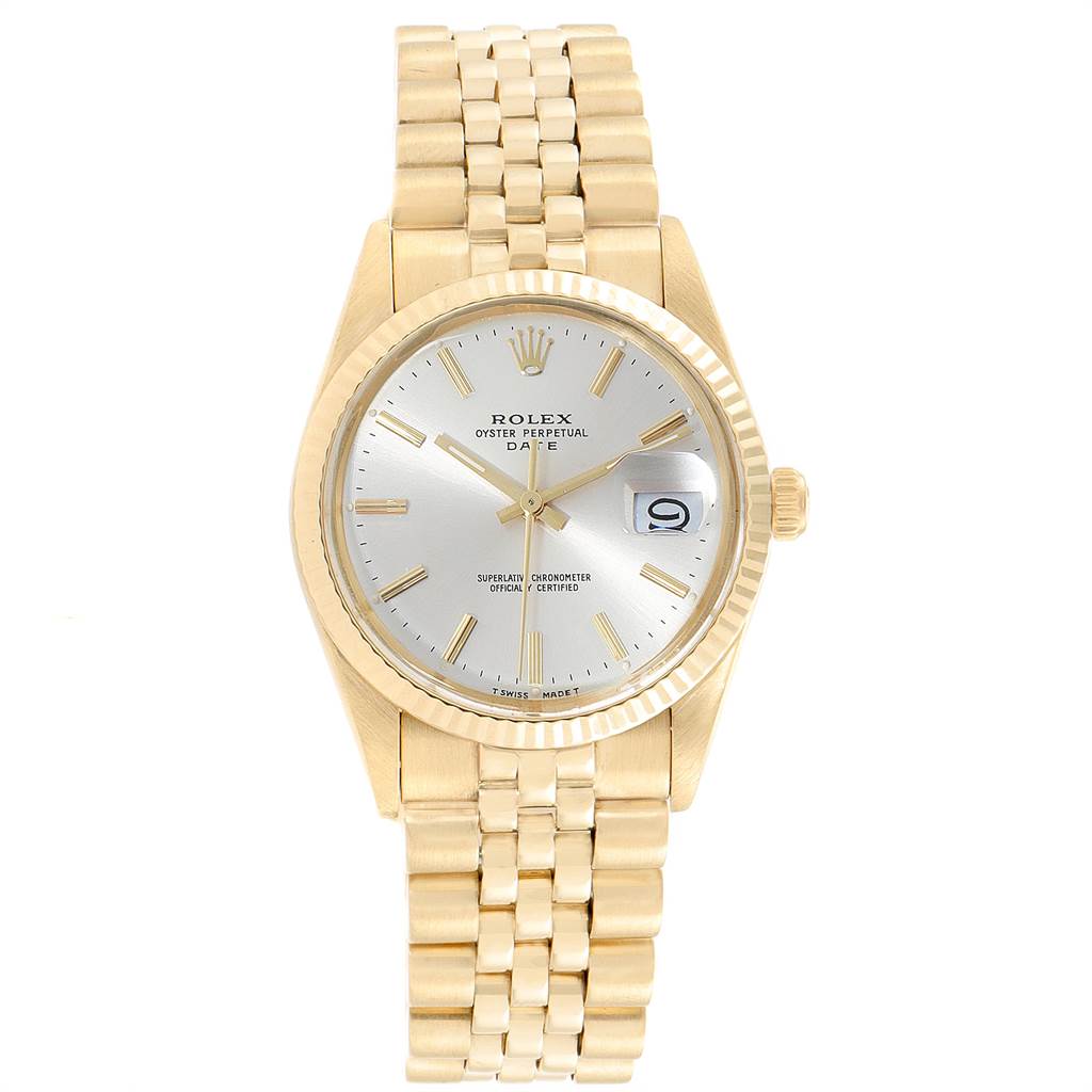 The image shows a front view of a Rolex Vintage Collection 1503 Men
s Yellow Gold Silver Dial 1503 Men
s Yellow Gold Silver Dial watch, highlighting its dial, bezel, and bracelet.