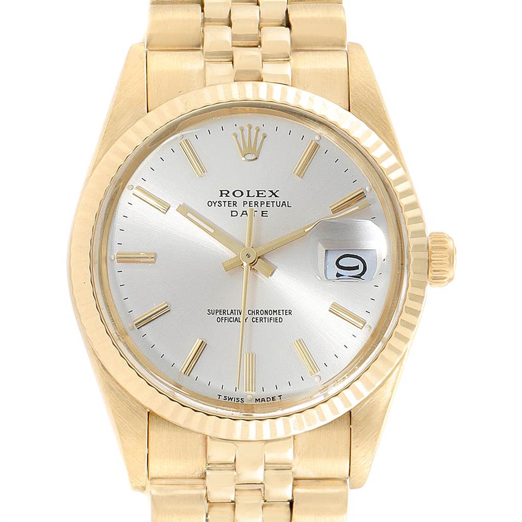This is a Rolex Vintage Collection 1503 Men
s Yellow Gold Silver Dial 1503 Men
s Yellow Gold Silver Dial Oyster Perpetual Date watch shown from the front, displaying the dial and bracelet.