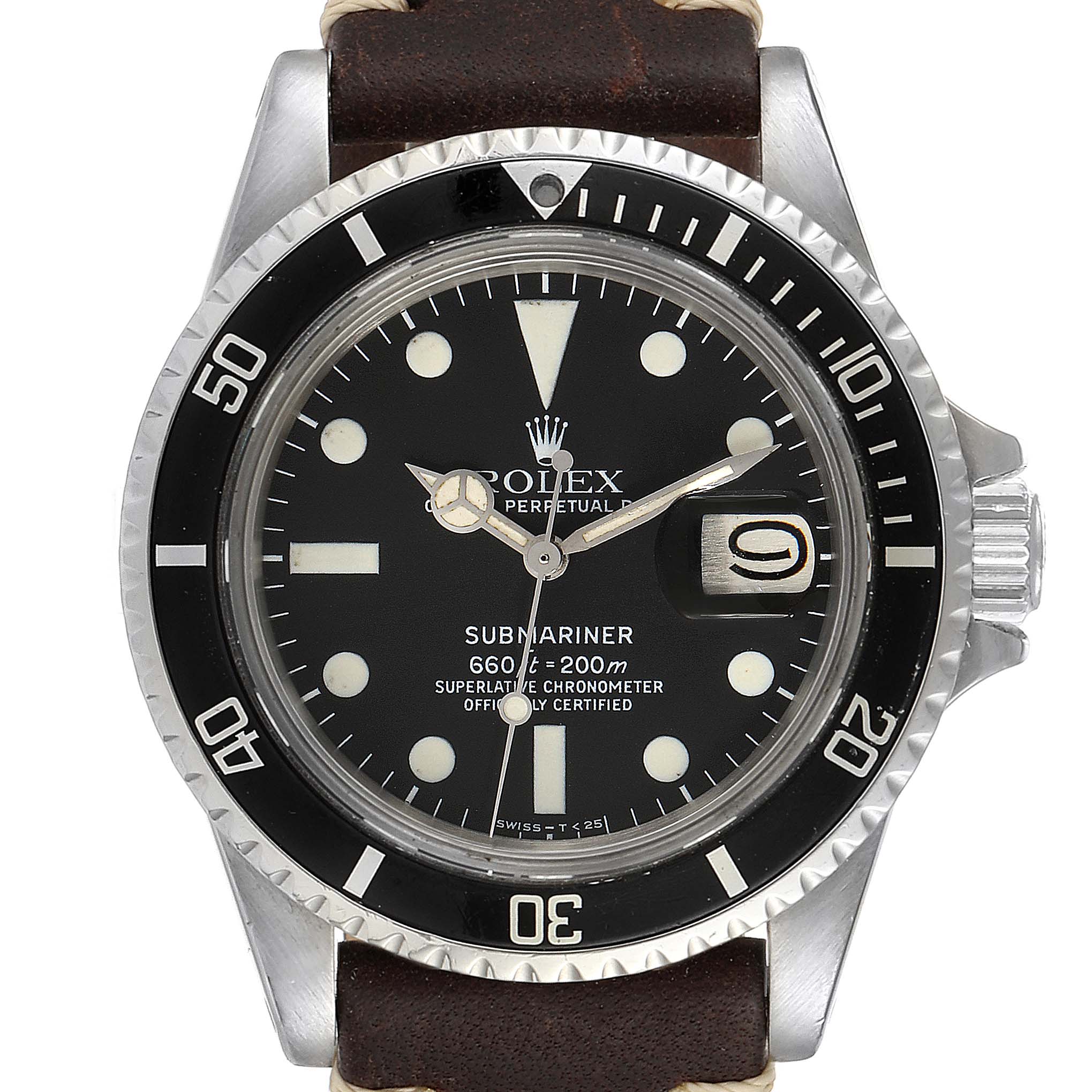 This image shows a frontal view of a Rolex Vintage Collection 1680 Men's Stainless Steel Black Dial 1680 Men's Stainless Steel Black Dial Submariner watch, highlighting the dial and bezel.
