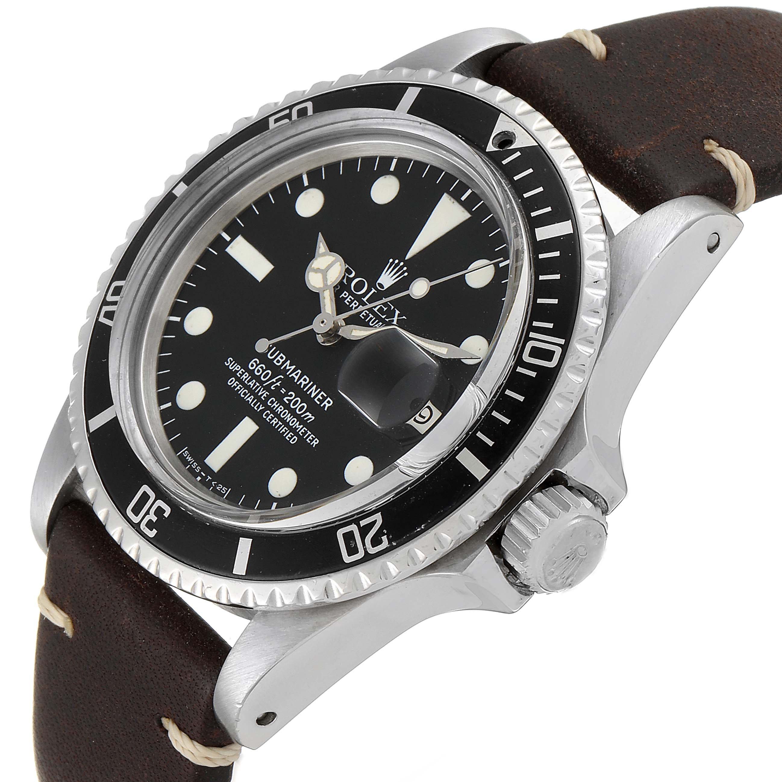 The image shows a close-up, angled view of the Rolex Vintage Collection 1680 Men's Stainless Steel Black Dial 1680 Men's Stainless Steel Black Dial model watch, displaying the face, bezel, crown, and leather strap.