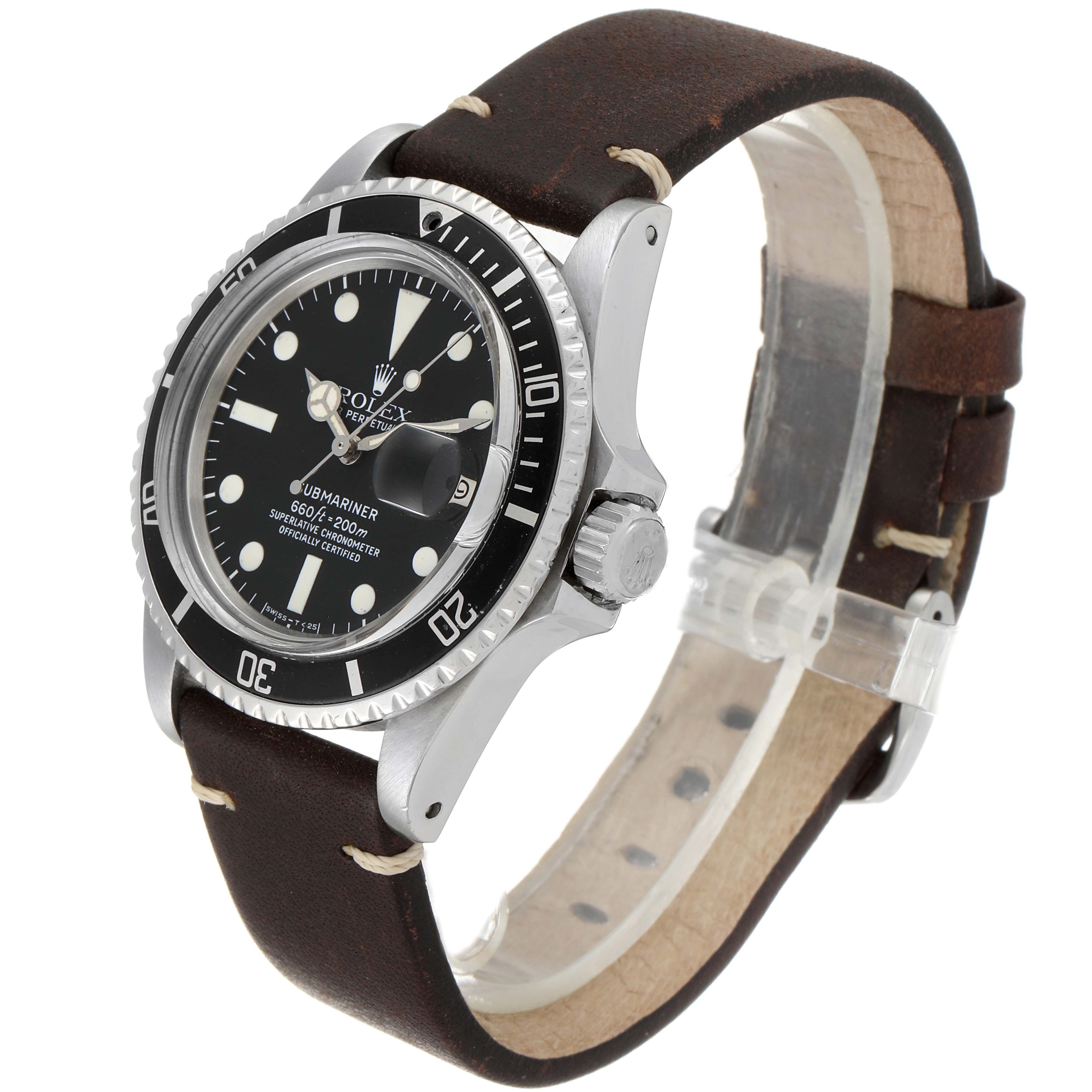 This image shows a side angle of a Rolex Vintage Collection 1680 Men's Stainless Steel Black Dial 1680 Men's Stainless Steel Black Dial Submariner with a black dial and a brown leather strap.