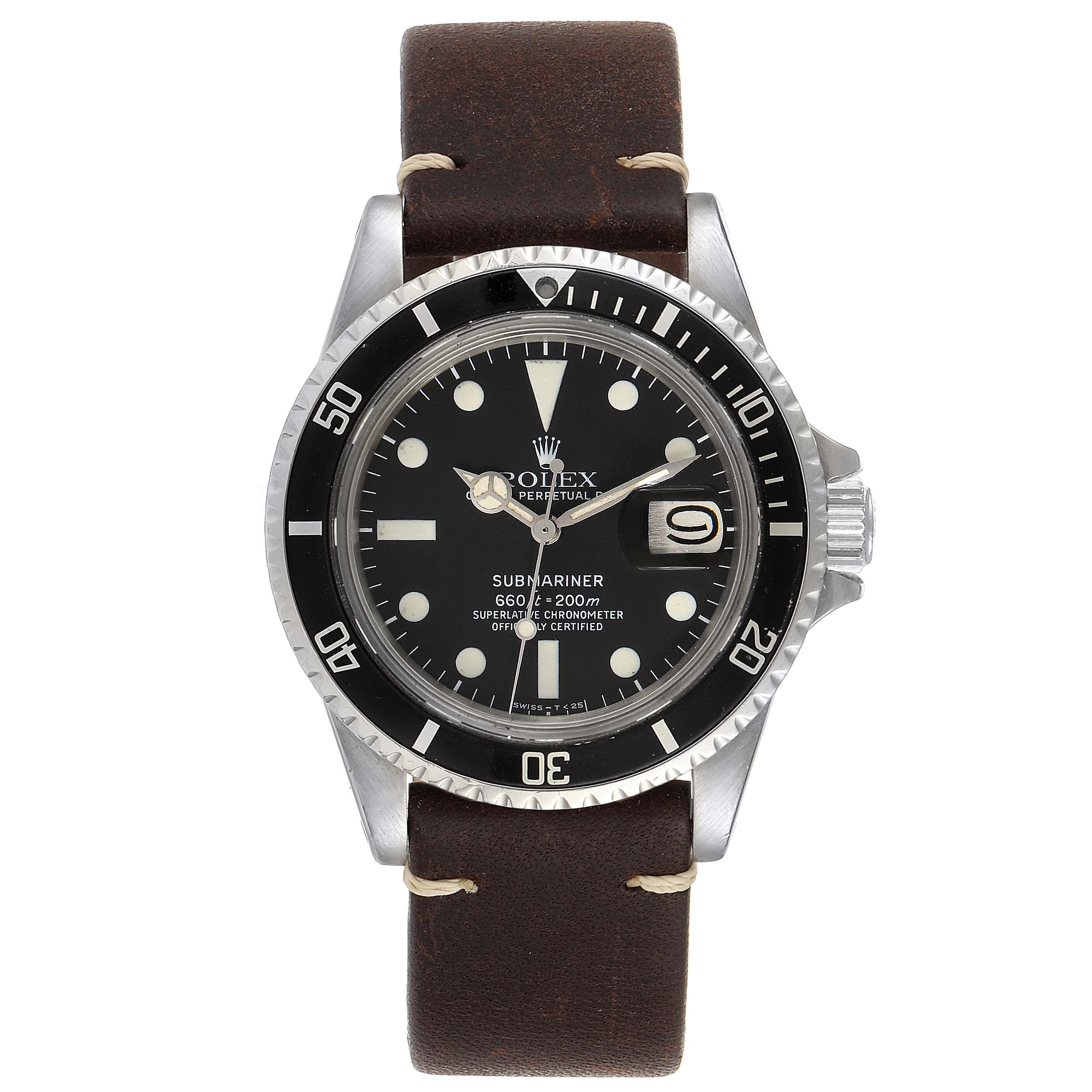The image shows a front view of the Rolex Vintage Collection 1680 Men's Stainless Steel Black Dial 1680 Men's Stainless Steel Black Dial Submariner watch with a brown leather strap and black dial.