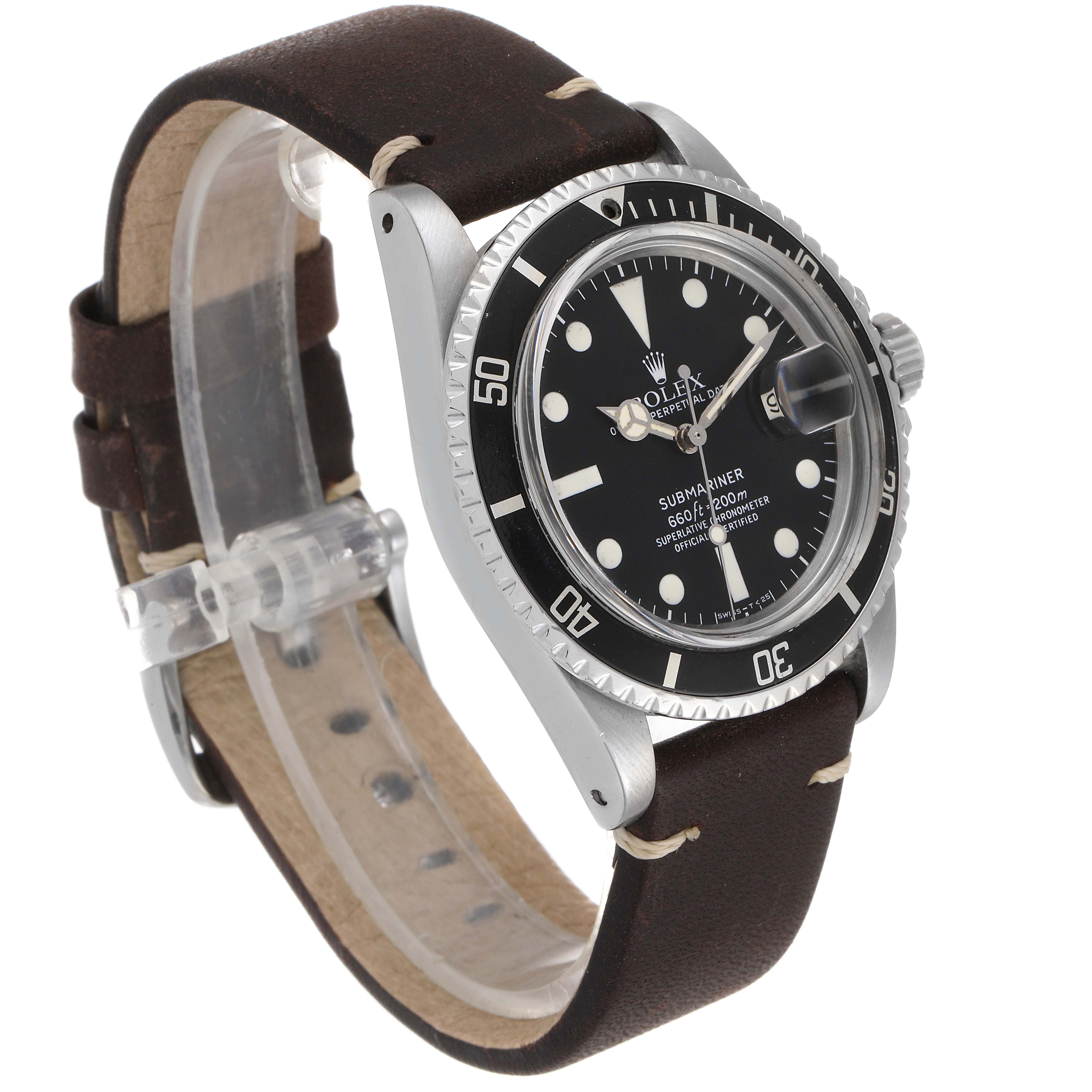 This image shows a Rolex Vintage Collection 1680 Men's Stainless Steel Black Dial 1680 Men's Stainless Steel Black Dial Submariner watch at a slight angle, highlighting the bezel, dial, and leather strap.