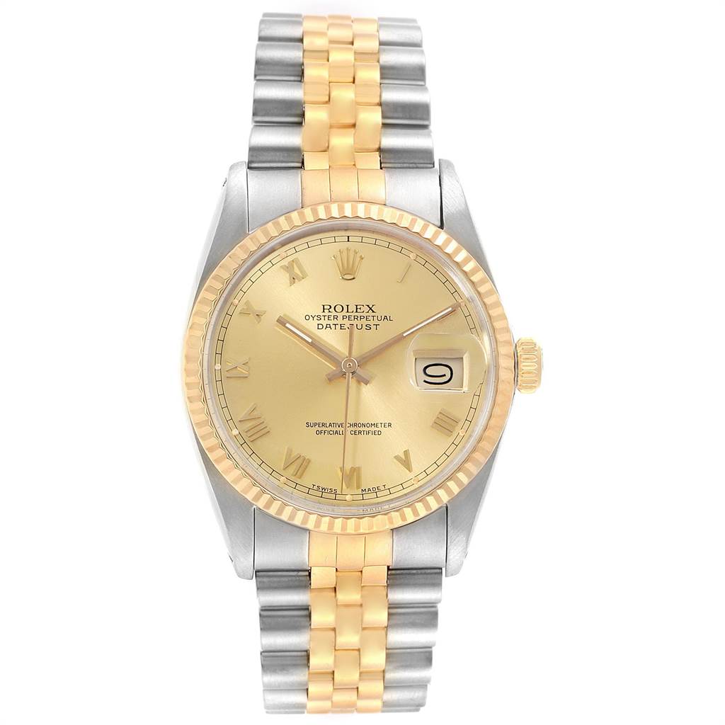 The image shows a front view of the Vintage Collection Rolex Oyster Perpetual Datejust, highlighting its face and two-tone bracelet.