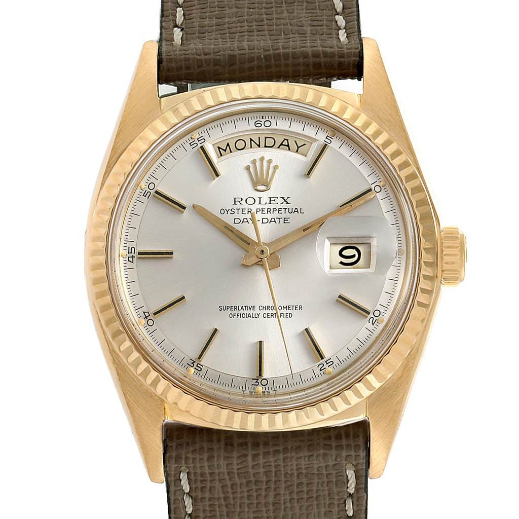 The image shows a front view of the Rolex Vintage Collection 1803 Men's Yellow Gold Silver Dial 1803 Men's Yellow Gold Silver Dial model, showcasing the dial, bezel, crown, and leather strap.