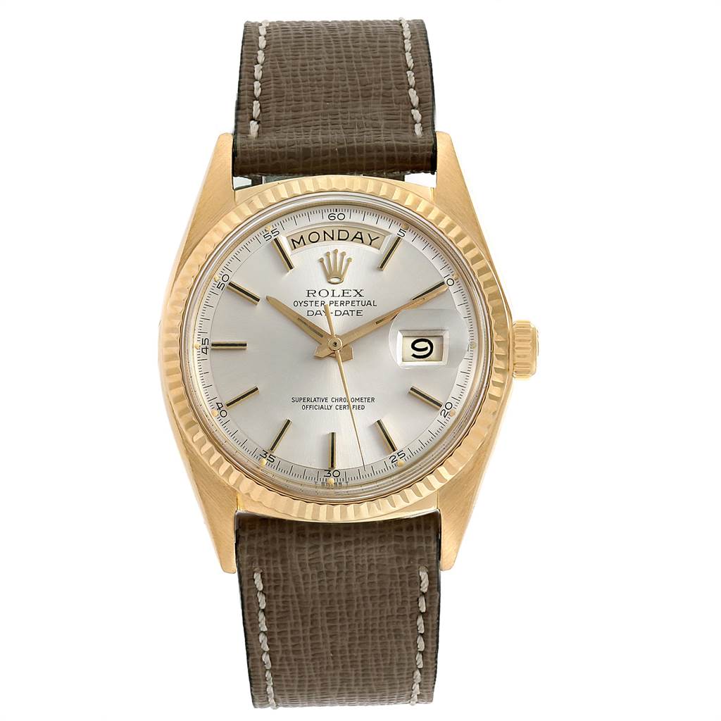 The Rolex Vintage Collection 1803 Men's Yellow Gold Silver Dial 1803 Men's Yellow Gold Silver Dial model is shown from a top view, displaying the face, dial, hour markers, day/date windows, and strap.