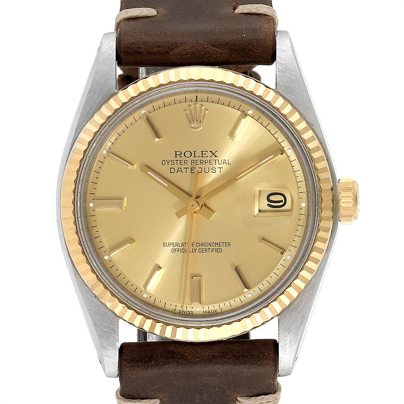 Rolex Datejust Steel Yellow Gold Brown Strap Vintage Mens Watch 1601 ...