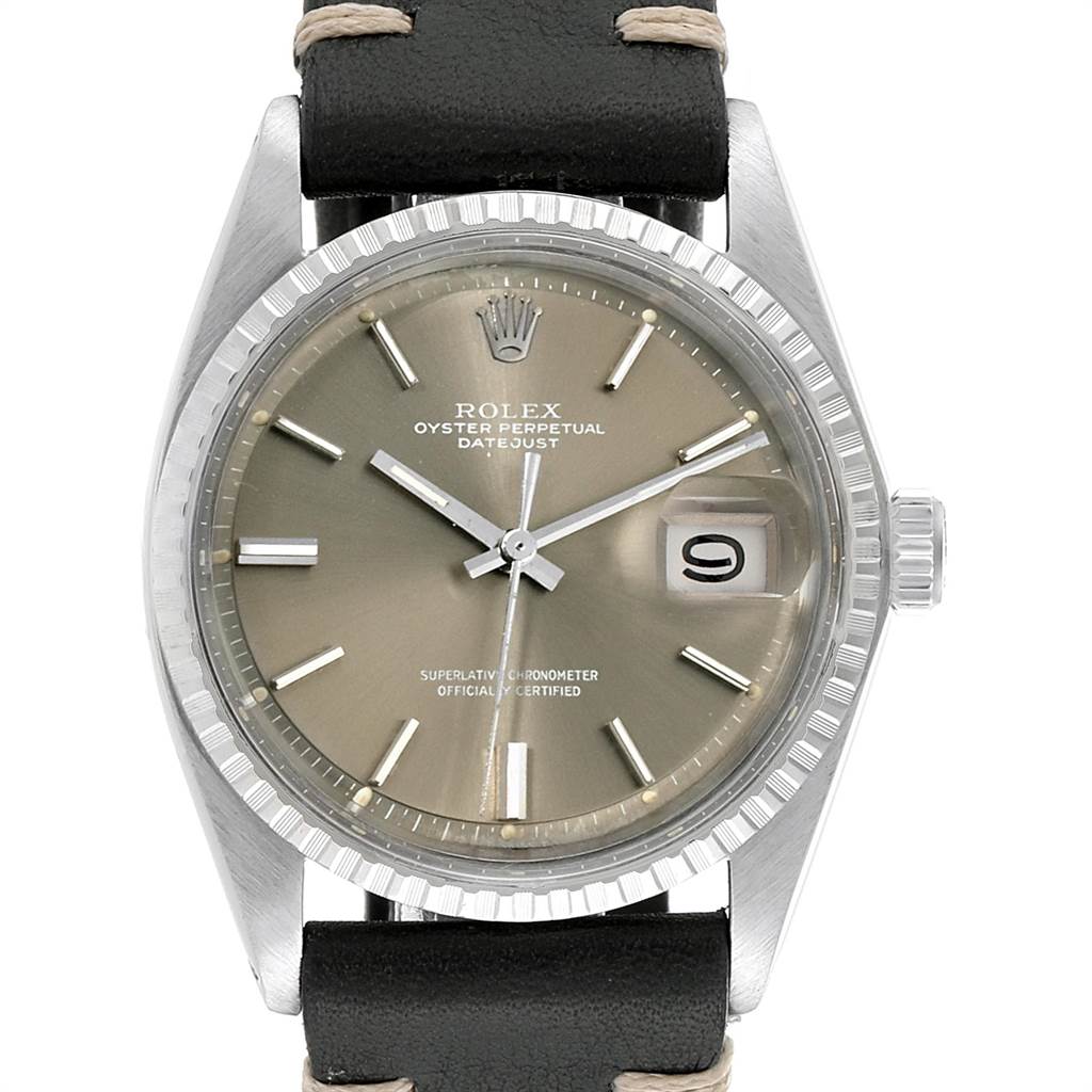 The image shows a front view of a Rolex Vintage Collection 1603 Men's Stainless Steel Brown Dial 1603 Men's Stainless Steel Brown Dial Oyster Perpetual Datejust watch, displaying its face, bezel, and leather strap.
