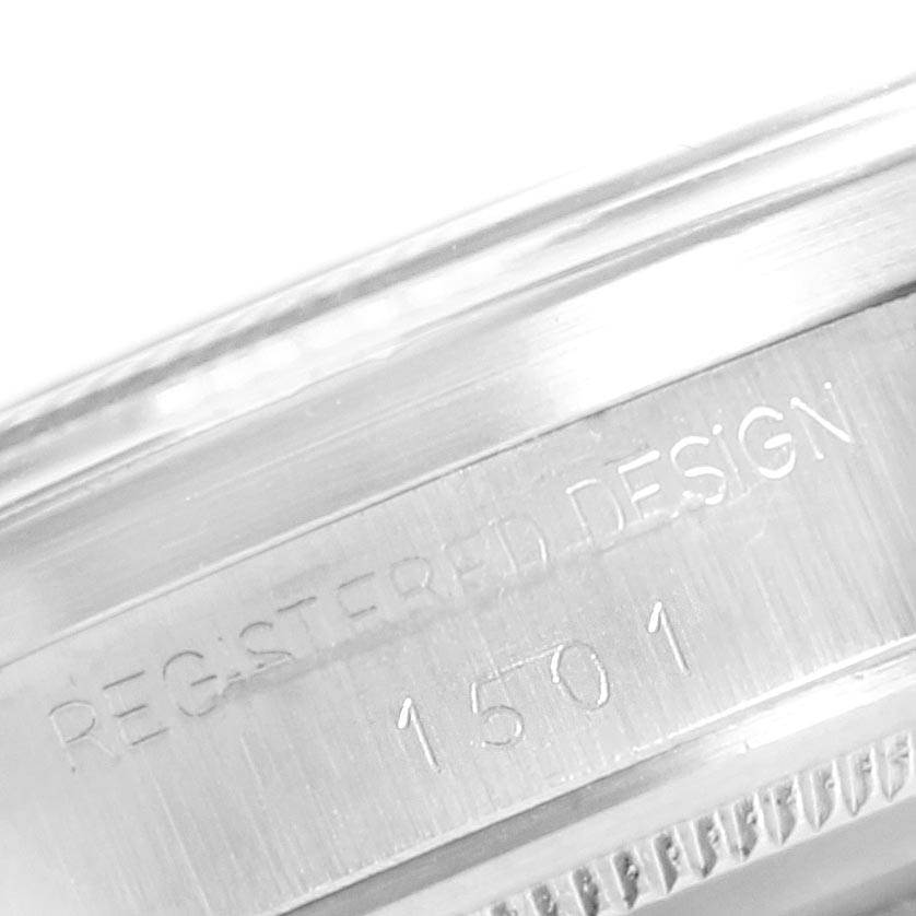 The image shows the edge of the caseback of a Rolex Vintage Collection 1501 Men's Stainless Steel Blue Dial 1501 Men's Stainless Steel Blue Dial model, displaying the engraved serial number "1501."