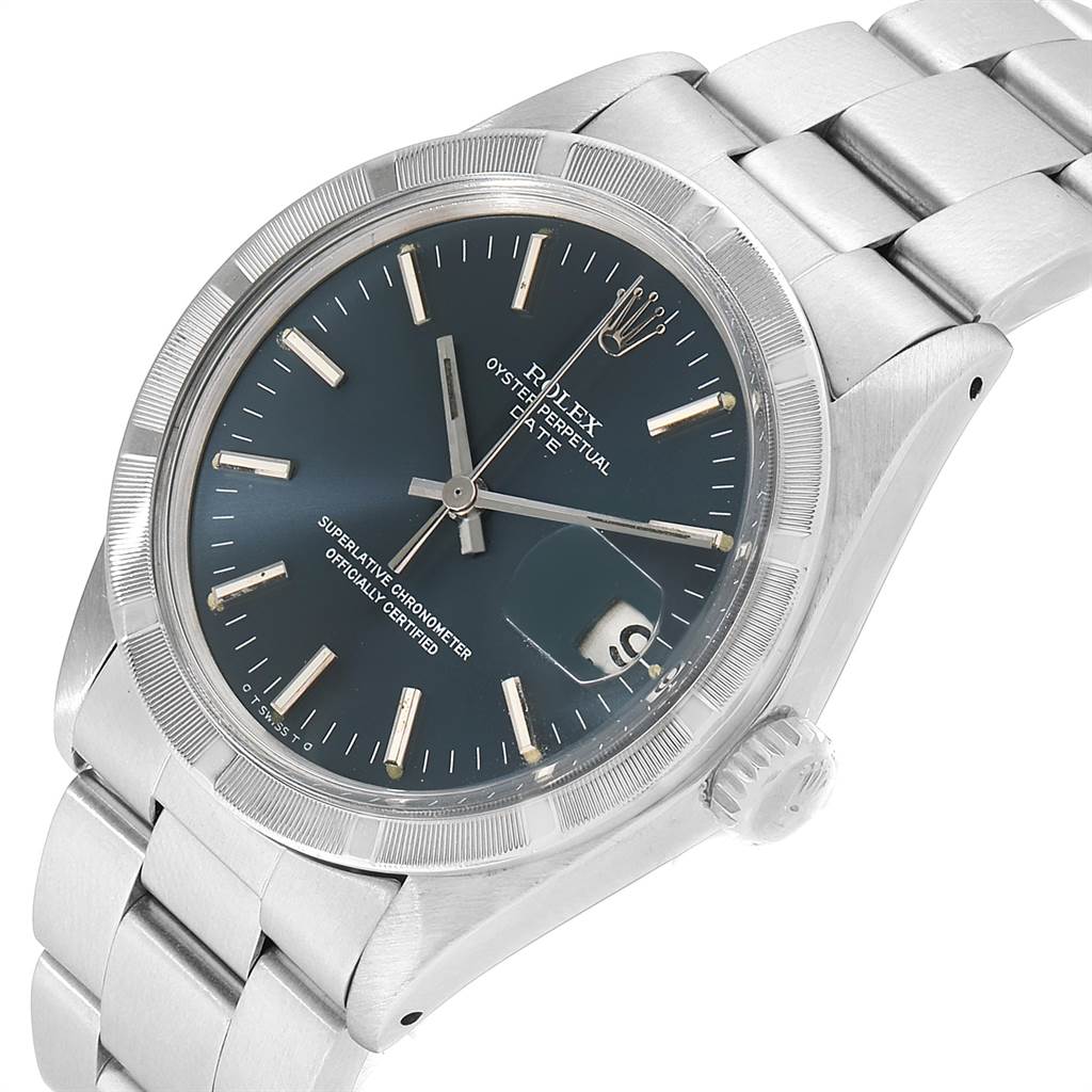 The image shows a Rolex Vintage Collection 1501 Men's Stainless Steel Blue Dial 1501 Men's Stainless Steel Blue Dial watch at a slight angle, highlighting the face, bezel, crown, and part of the bracelet.