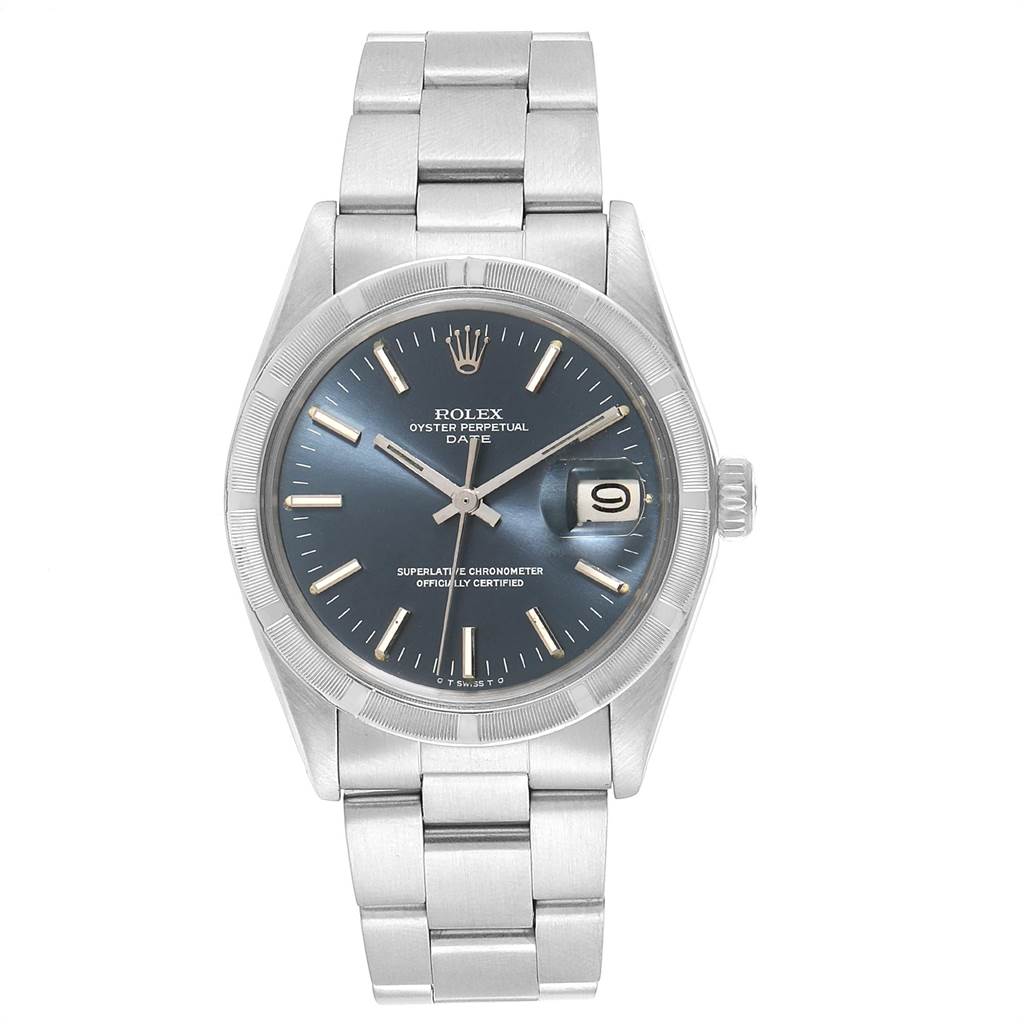 The image shows a Rolex Vintage Collection 1501 Men's Stainless Steel Blue Dial 1501 Men's Stainless Steel Blue Dial Oyster Perpetual Date watch from a front angle, highlighting its dial, bezel, and bracelet.
