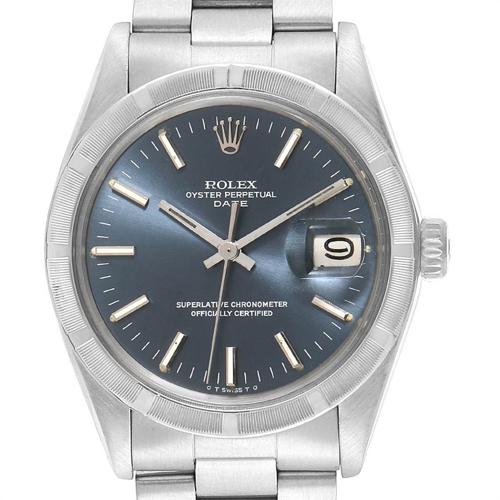 The image shows a Rolex Vintage Collection 1501 Men's Stainless Steel Blue Dial 1501 Men's Stainless Steel Blue Dial model watch from a front angle, highlighting the dial, date window, and stainless steel band.