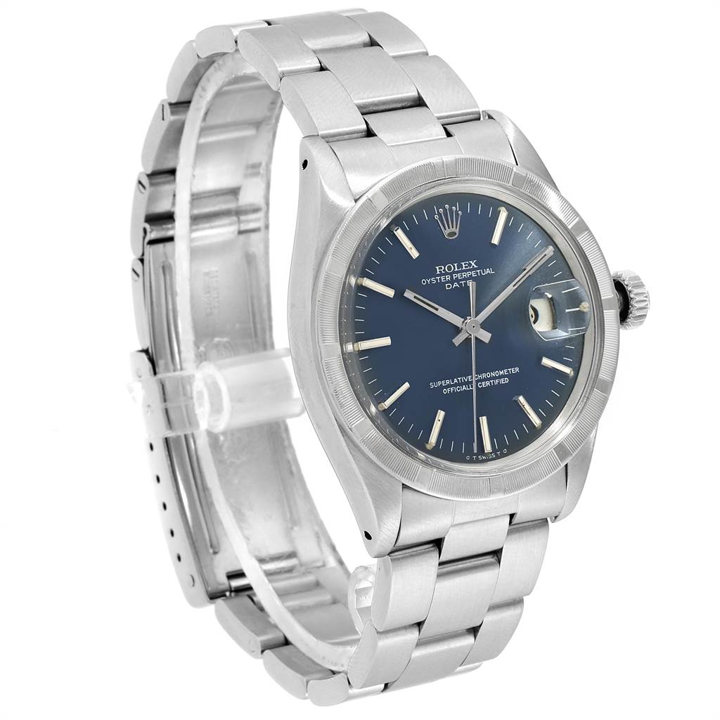 This image shows a Rolex Vintage Collection 1501 Men's Stainless Steel Blue Dial 1501 Men's Stainless Steel Blue Dial model watch at a three-quarter angle, highlighting the dial, bezel, case, crown, and bracelet.