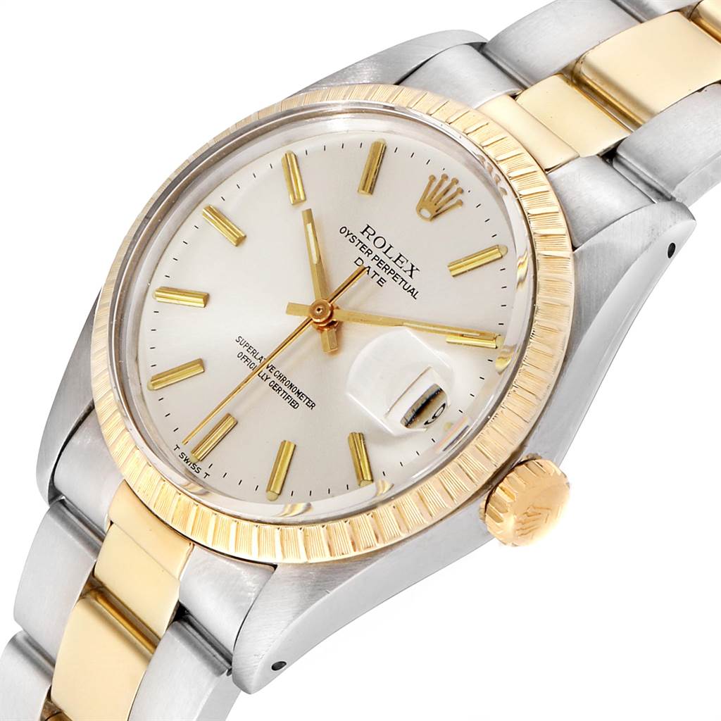 The Rolex Vintage Collection 1505 Men's Steel and Gold (two tone) Silver Dial 1505 Men's Steel and Gold (two tone) Silver Dial watch is shown at a slight angle, highlighting its face, bezel, crown, and part of the bracelet.
