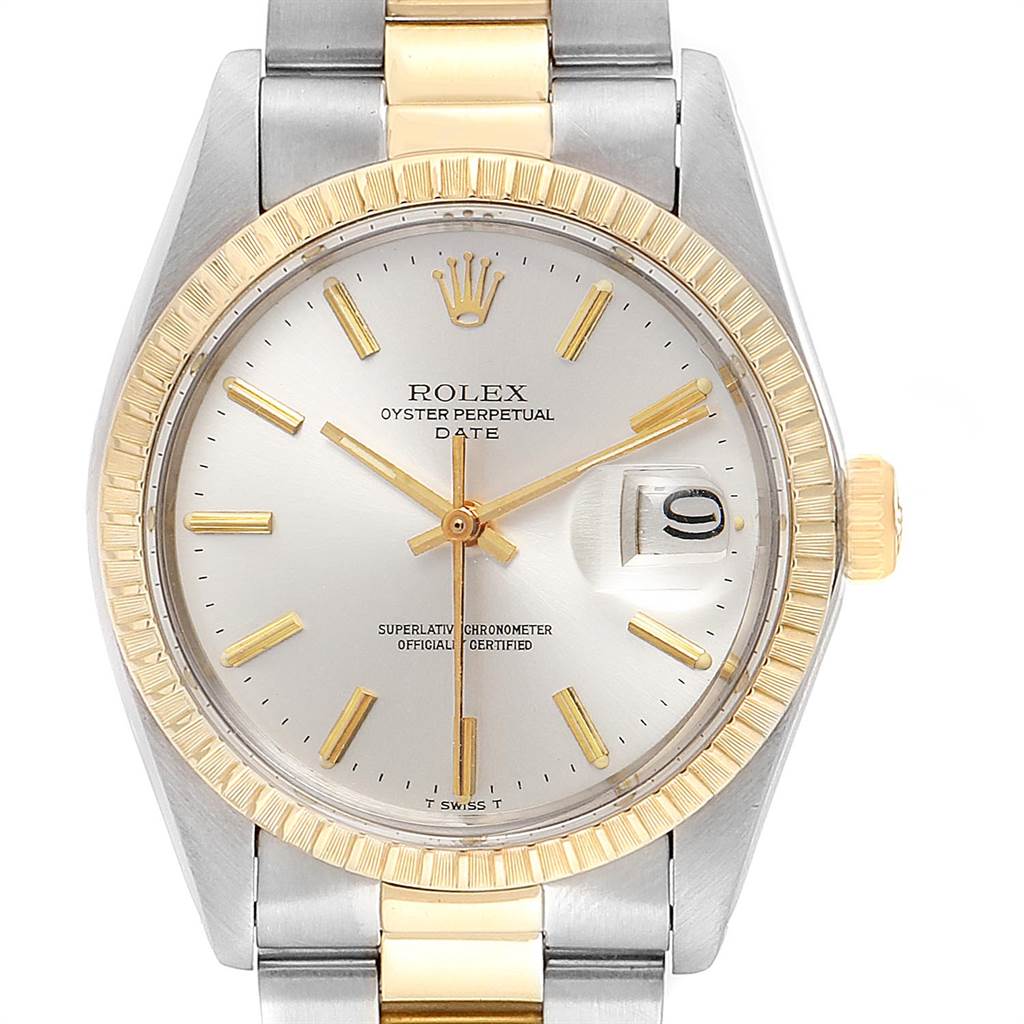 The image shows the front view of a Rolex Vintage Collection 1505 Men's Steel and Gold (two tone) Silver Dial 1505 Men's Steel and Gold (two tone) Silver Dial Oyster Perpetual Date watch, highlighting its dial, bezel, and bracelet.