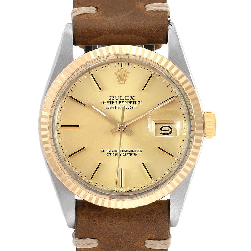 Rolex Datejust Steel Yellow Gold Brown Strap Vintage Mens Watch 16013 SwissWatchExpo