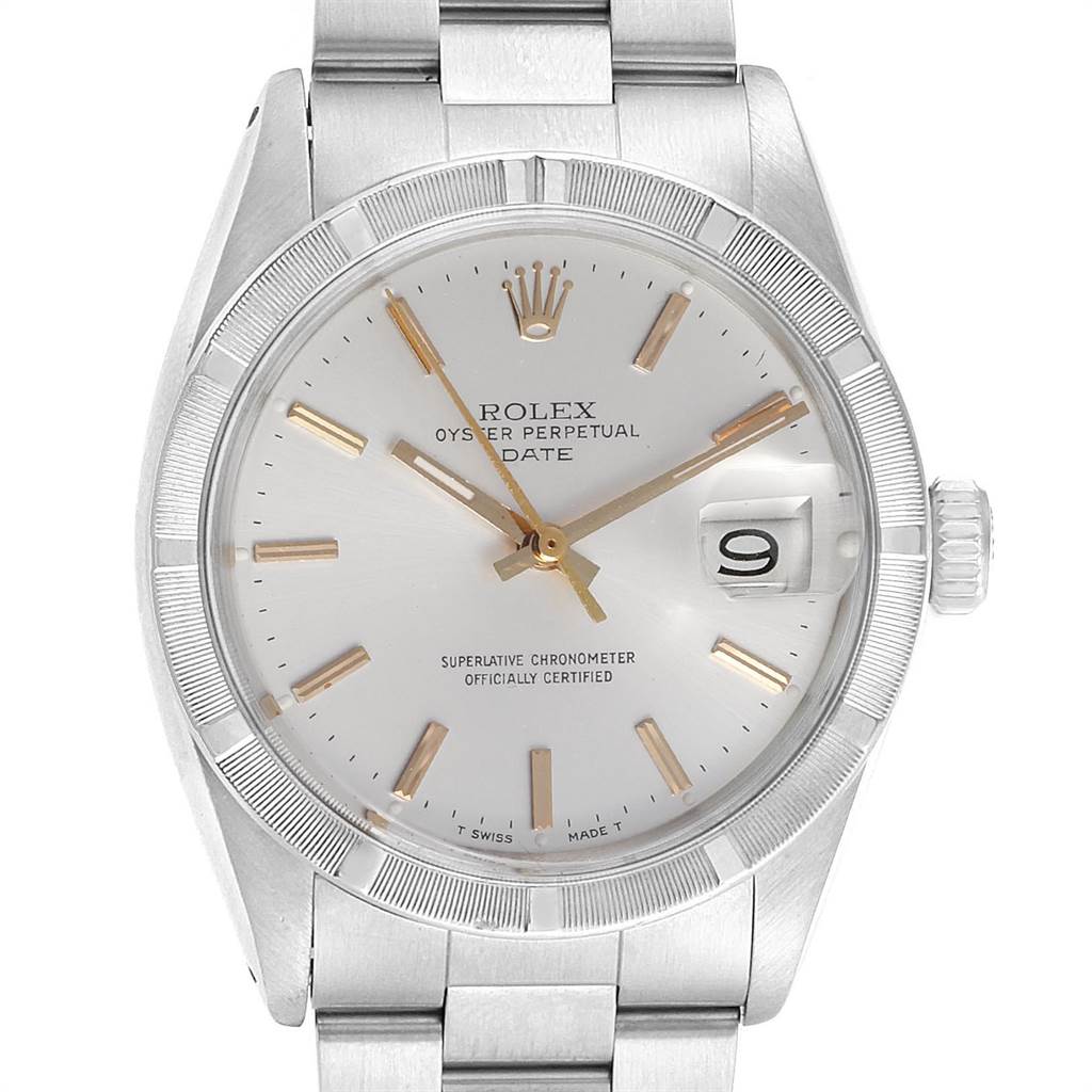 The image shows a front view of the Rolex Vintage Collection 1501 Men's Stainless Steel Silver Dial 1501 Men's Stainless Steel Silver Dial model watch, displaying its dial, hands, date window, and crown.