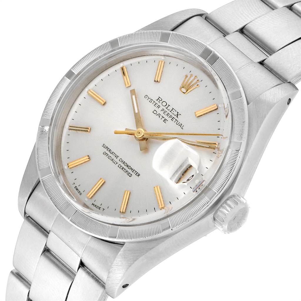 This is a close-up angle of the Rolex Vintage Collection 1501 Men's Stainless Steel Silver Dial 1501 Men's Stainless Steel Silver Dial Oyster Perpetual watch, showing its face, crown, and part of the bracelet.