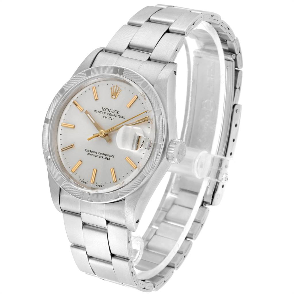 The Rolex Vintage Collection 1501 Men's Stainless Steel Silver Dial 1501 Men's Stainless Steel Silver Dial model is shown at an angled side view, highlighting its face, bracelet, and crown.