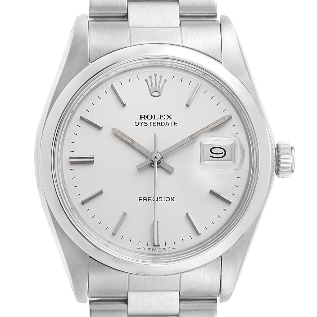 The image shows a front view of the Rolex Vintage Collection 6694 Men's Stainless Steel Silver Dial 6694 Men's Stainless Steel Silver Dial model, displaying the dial, hour markers, hands, date window, and crown.