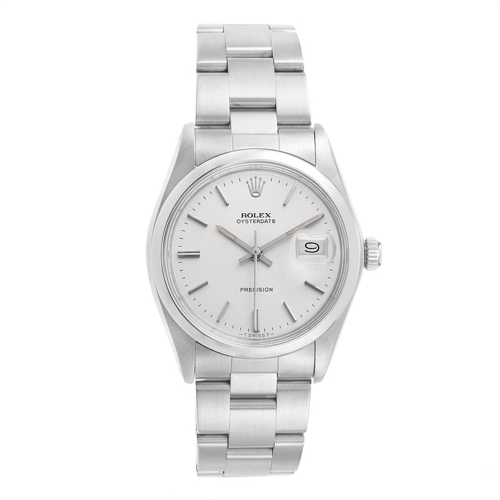 The image shows a front view of the Rolex Vintage Collection 6694 Men's Stainless Steel Silver Dial 6694 Men's Stainless Steel Silver Dial Oysterdate model watch, displaying its dial, bracelet, and crown.