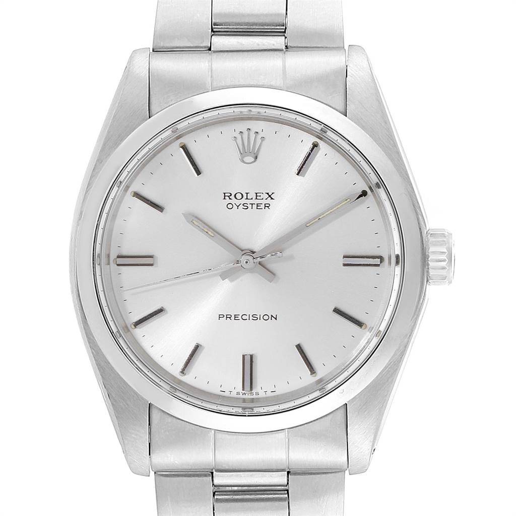 The image shows a front view of the Rolex Vintage Collection 6694 Men's Stainless Steel Silver Dial 6694 Men's Stainless Steel Silver Dial watch, displaying the dial, hands, crown, and part of the bracelet.