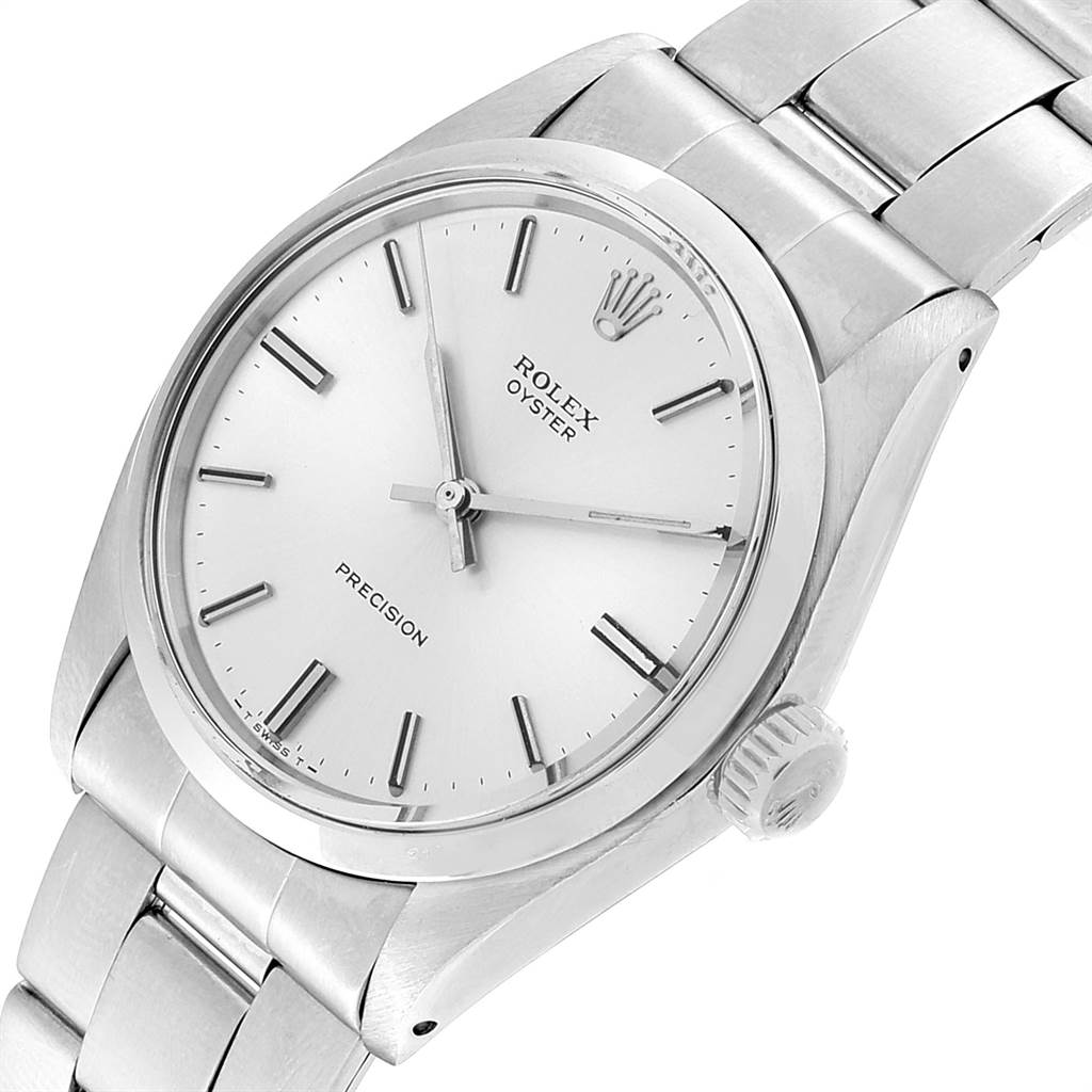 The angled view of the Rolex Vintage Collection 6694 Men's Stainless Steel Silver Dial 6694 Men's Stainless Steel Silver Dial watch shows the face, bezel, crown, and part of the bracelet.