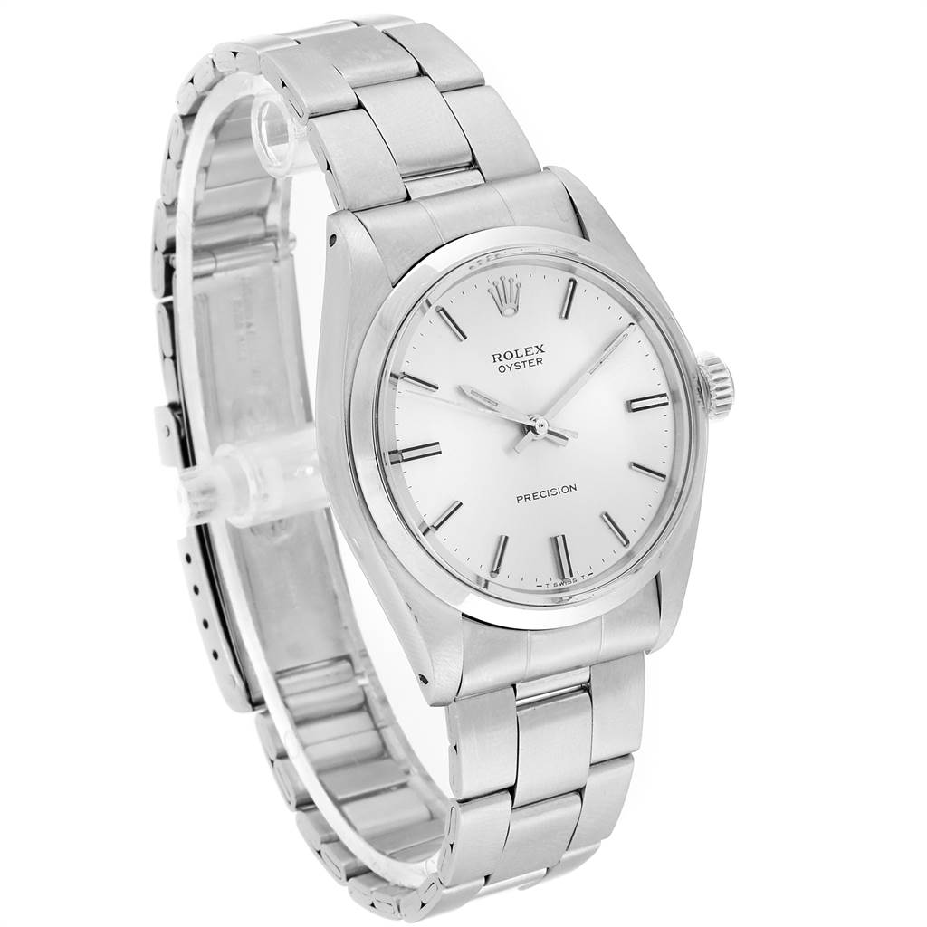 The image shows a Rolex Vintage Collection 6694 Men's Stainless Steel Silver Dial 6694 Men's Stainless Steel Silver Dial model from an angled view, highlighting its silver bracelet, white dial, and stainless steel case.