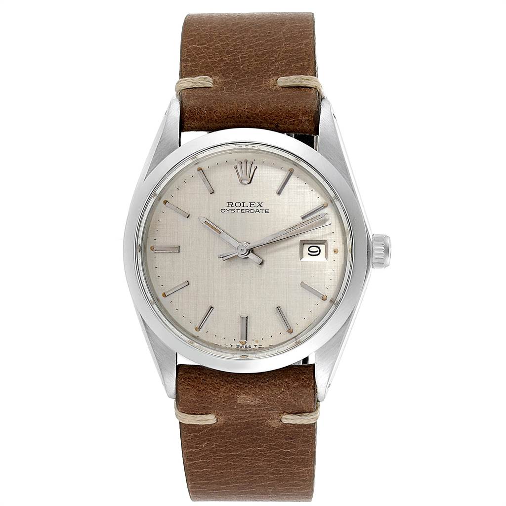 The image shows a front view of a Rolex Vintage Collection 6694 Men's Stainless Steel Silver Dial 6694 Men's Stainless Steel Silver Dial Oysterdate watch with a silver dial and a brown leather strap.