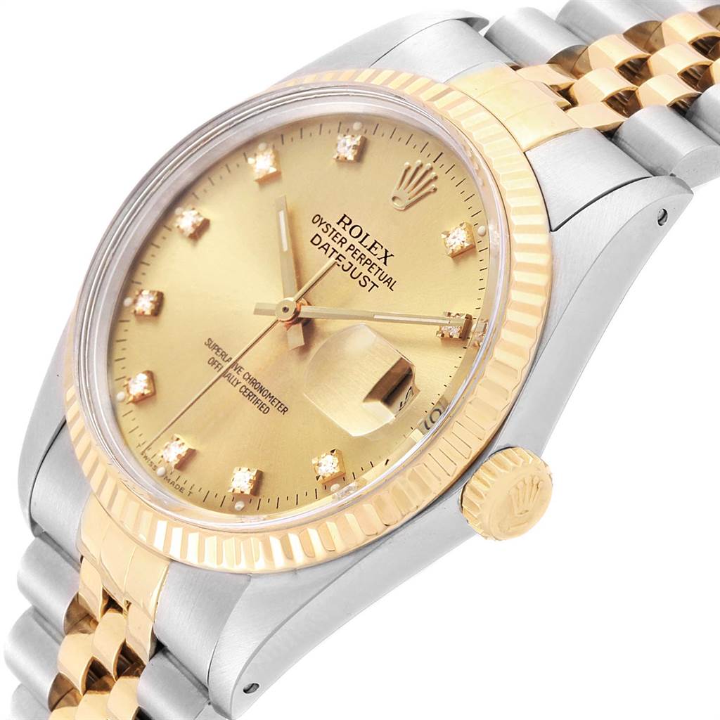 The image shows a close-up angle of the dial, bezel, and part of the bracelet of the Rolex Vintage Collection 16013 Men's Stainless Steel Champagne Dial 16013 Men's Stainless Steel Champagne Dial Datejust watch.