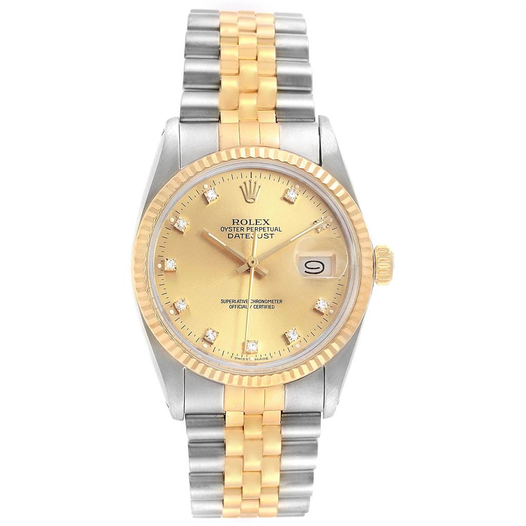 The image shows the front view of a Rolex Vintage Collection 16013 Men's Stainless Steel Champagne Dial 16013 Men's Stainless Steel Champagne Dial Oyster Perpetual Datejust watch, highlighting its gold and silver band, dial, and date feature.