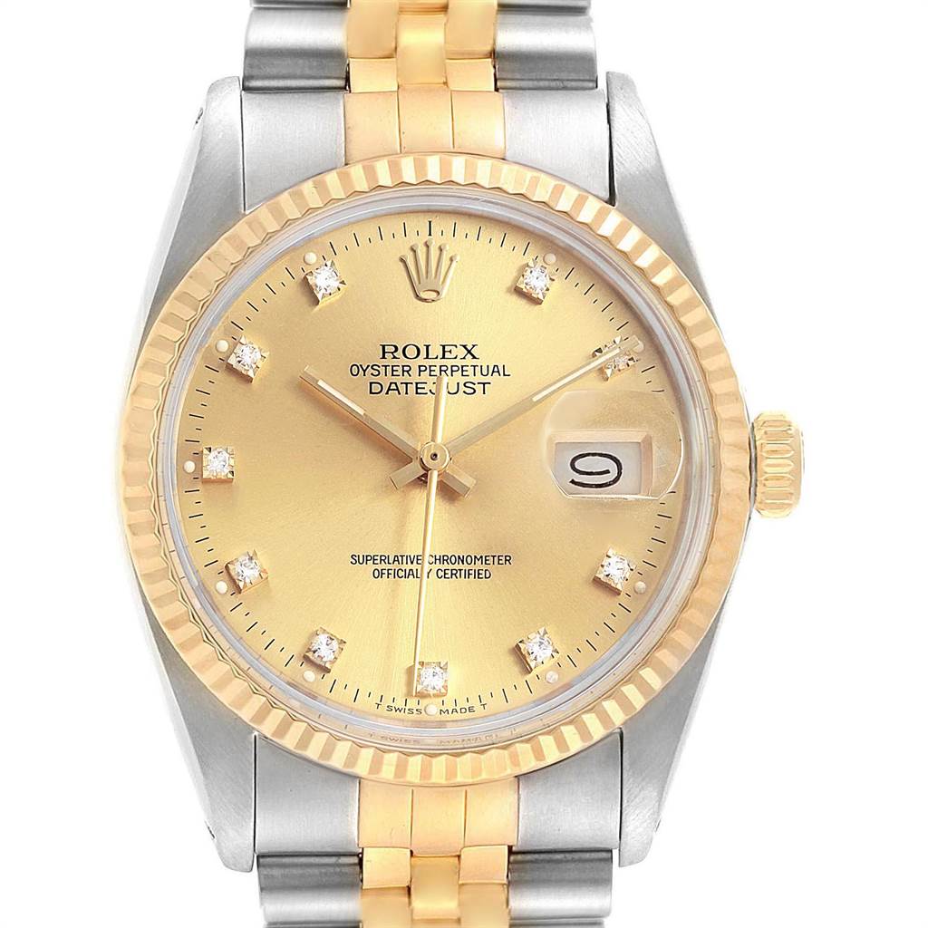 The image shows a front view of a Rolex Vintage Collection 16013 Men's Stainless Steel Champagne Dial 16013 Men's Stainless Steel Champagne Dial Oyster Perpetual Datejust watch, highlighting its dial, bezel, and bracelet.