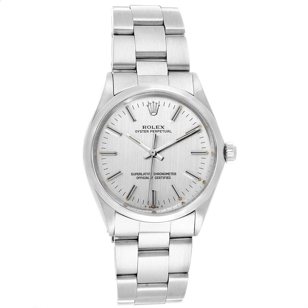 The Rolex Vintage Collection 1002 Men's Stainless Steel Silver Dial 1002 Men's Stainless Steel Silver Dial model watch is shown from a front angle, displaying its face, bezel, and stainless steel bracelet.