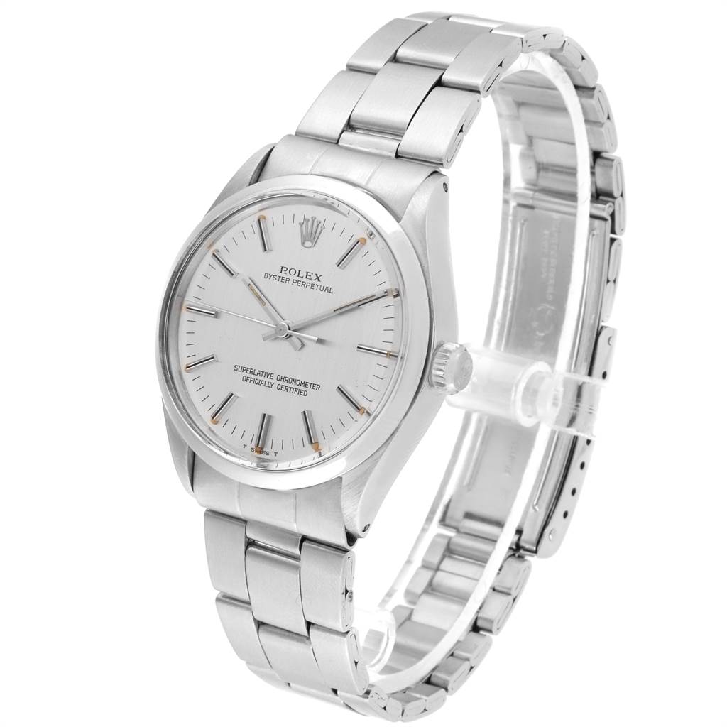 This image shows a Rolex Vintage Collection 1002 Men's Stainless Steel Silver Dial 1002 Men's Stainless Steel Silver Dial watch at a three-quarter angle, highlighting the face, bezel, crown, and bracelet.