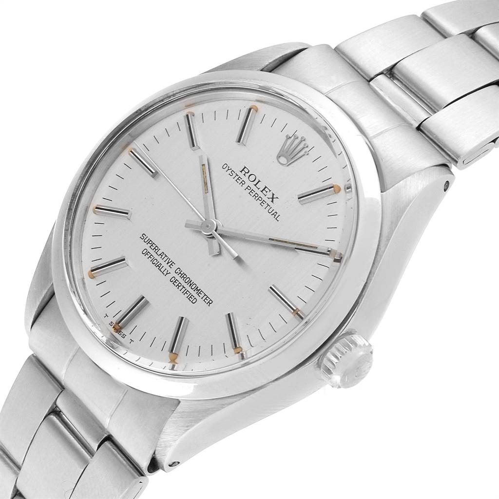 The image shows a Rolex Vintage Collection 1002 Men's Stainless Steel Silver Dial 1002 Men's Stainless Steel Silver Dial watch at a slight left tilt angle, highlighting the dial, crown, and a portion of the bracelet.