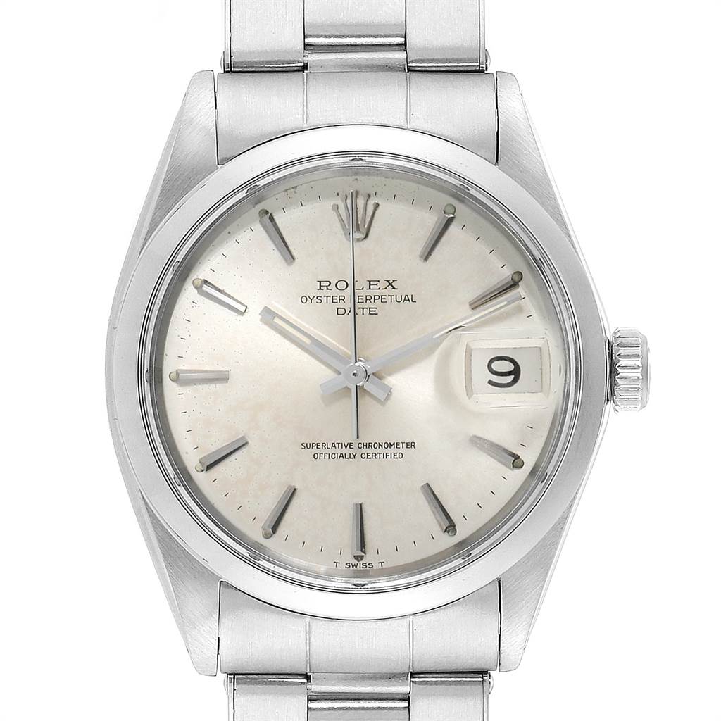 The image shows a frontal view of a Rolex Vintage Collection 1500 Men's Stainless Steel Silver Dial 1500 Men's Stainless Steel Silver Dial Oyster Perpetual Date watch, highlighting the dial and bracelet.