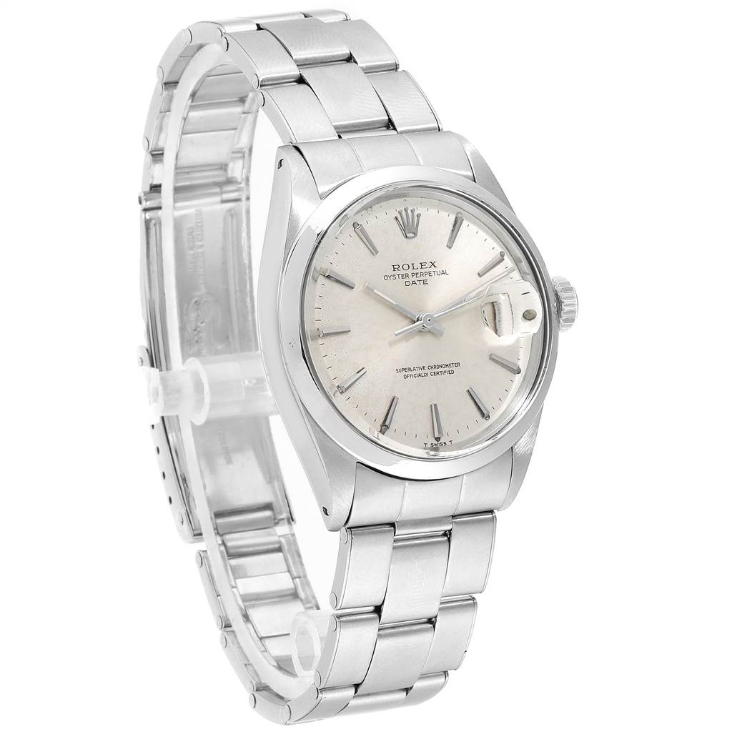 The image shows a side-angle view of a Rolex Vintage Collection 1500 Men's Stainless Steel Silver Dial 1500 Men's Stainless Steel Silver Dial Oyster Perpetual Date watch with a stainless steel band and case.