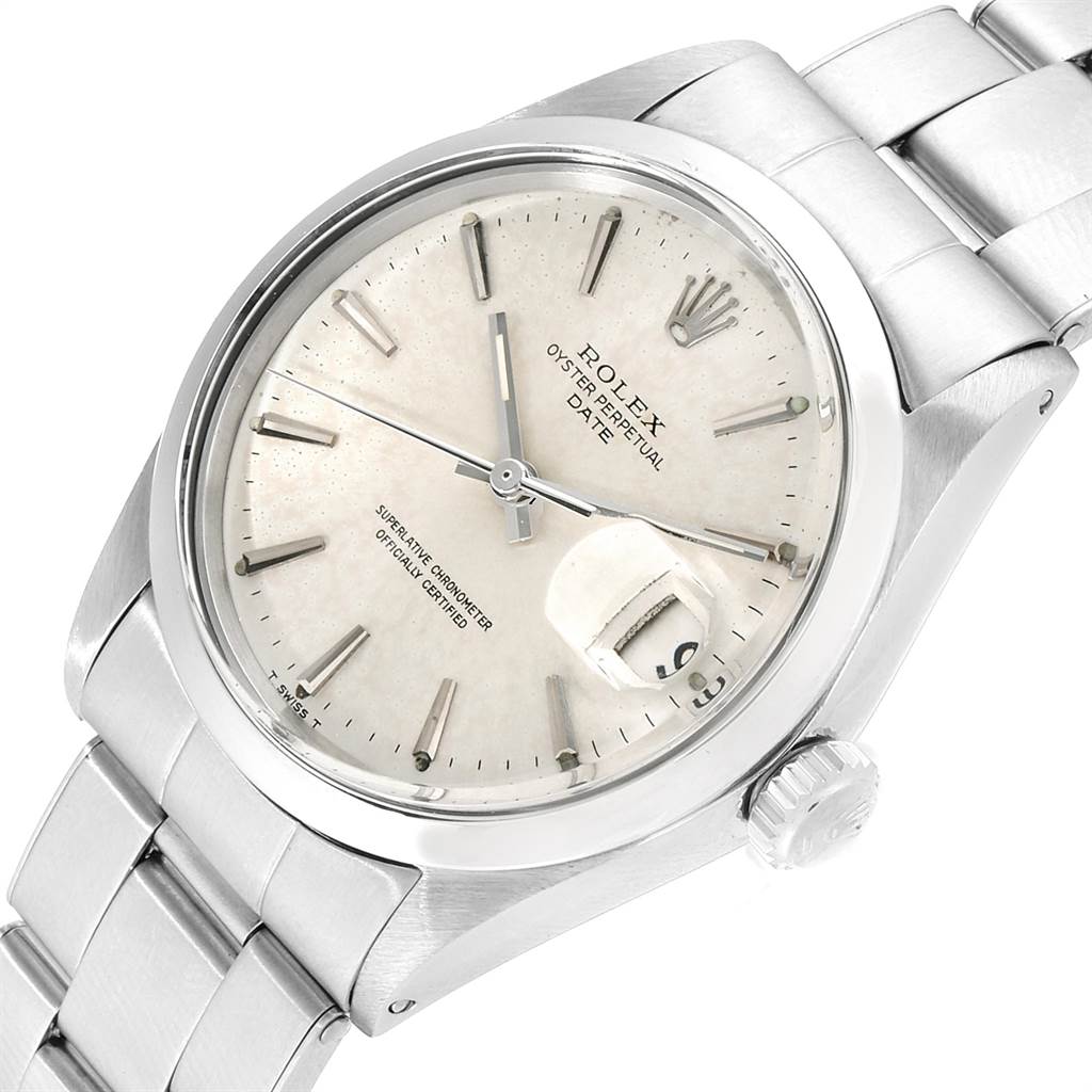 The image shows a close-up angled view of the Rolex Vintage Collection 1500 Men's Stainless Steel Silver Dial 1500 Men's Stainless Steel Silver Dial Oyster Perpetual Date watch, highlighting the face, crown, and part of the bracelet.